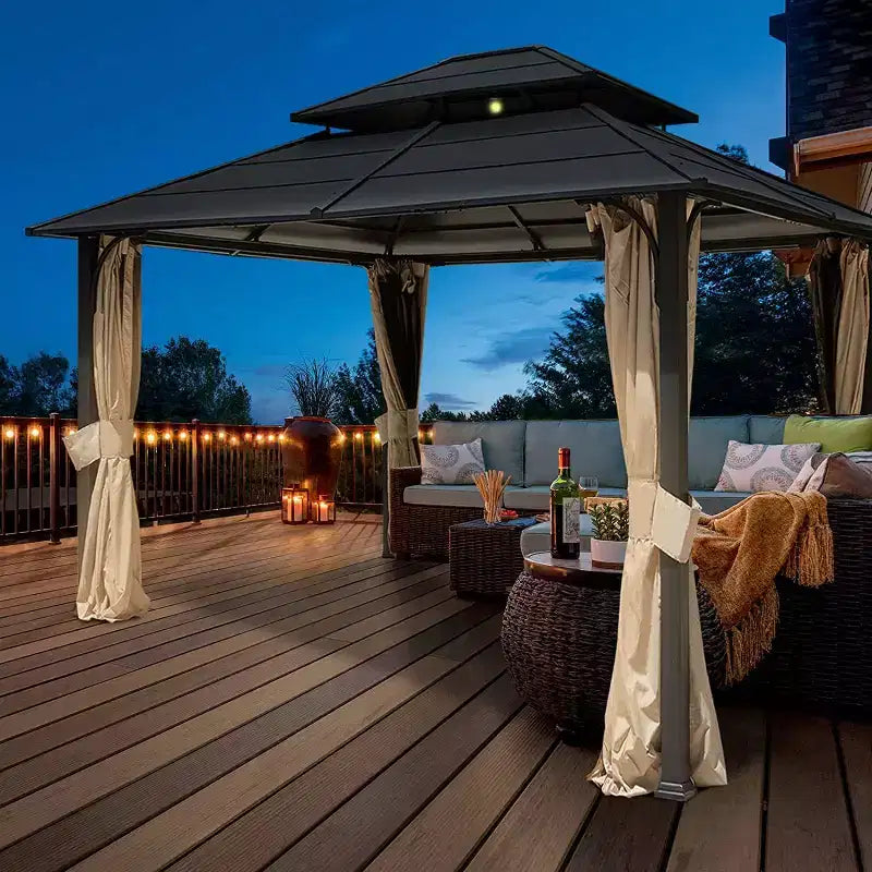 EROMMY 12 x 14 FT Iron Hardtop Gazebo, Double Waterproof Gazebo with Curtains and Netting