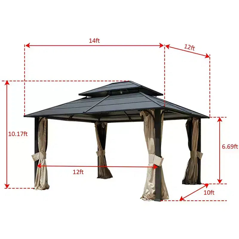 EROMMY 12 x 14 FT Iron Hardtop Gazebo, Double Waterproof Gazebo with Curtains and Netting