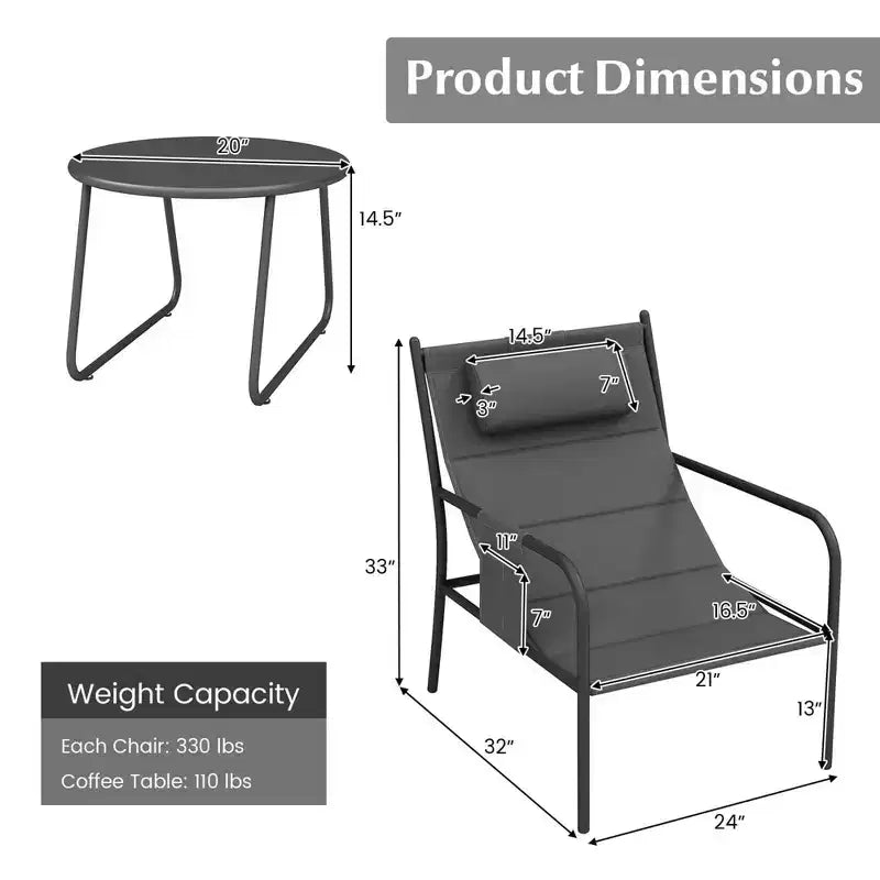 Costway 3 PCS Outdoor Bistro Set Breathable Seat Fabric & Cozy Headrest Metal for Yard