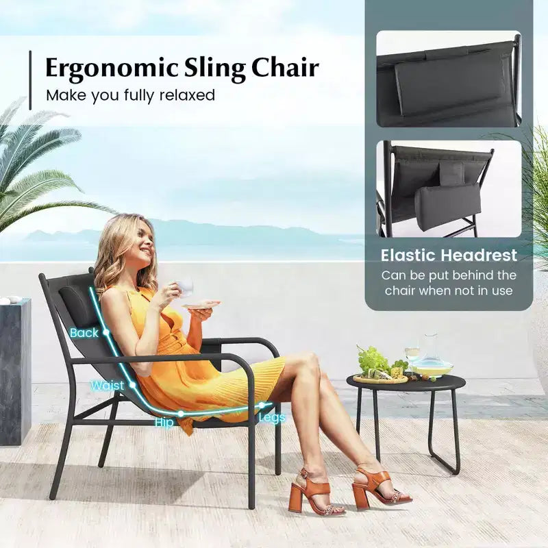 Costway 3 PCS Outdoor Bistro Set Breathable Seat Fabric & Cozy Headrest Metal for Yard