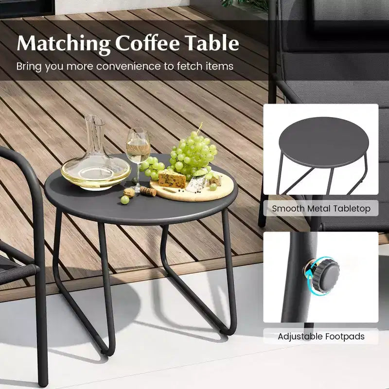 Costway 3 PCS Outdoor Bistro Set Breathable Seat Fabric & Cozy Headrest Metal for Yard