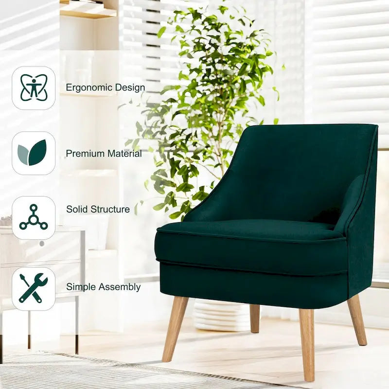 Velvet Upholstered Accent Chair with Rubber Wood Legs - 27 x 25 x 30 (L x W x H)