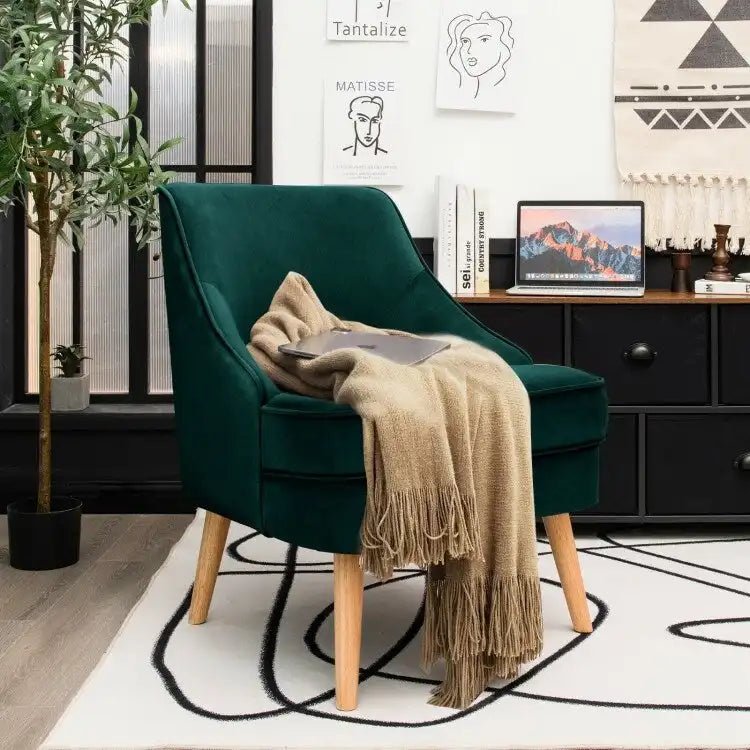 Velvet Upholstered Accent Chair with Rubber Wood Legs - 27 x 25 x 30 (L x W x H)