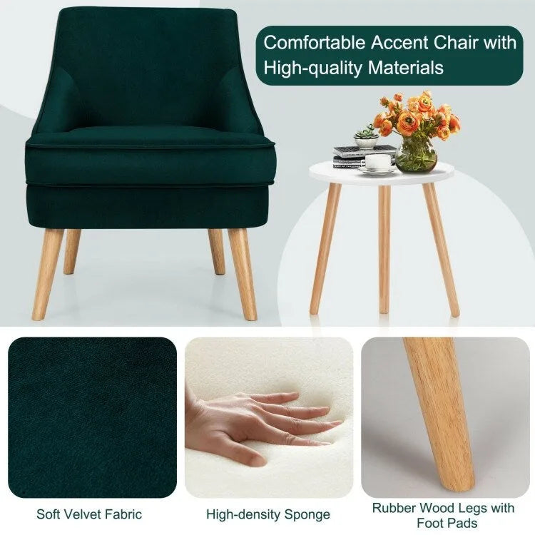 Velvet Upholstered Accent Chair with Rubber Wood Legs - 27 x 25 x 30 (L x W x H)
