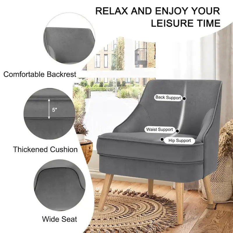 Velvet Upholstered Accent Chair with Rubber Wood Legs - 27 x 25 x 30 (L x W x H)