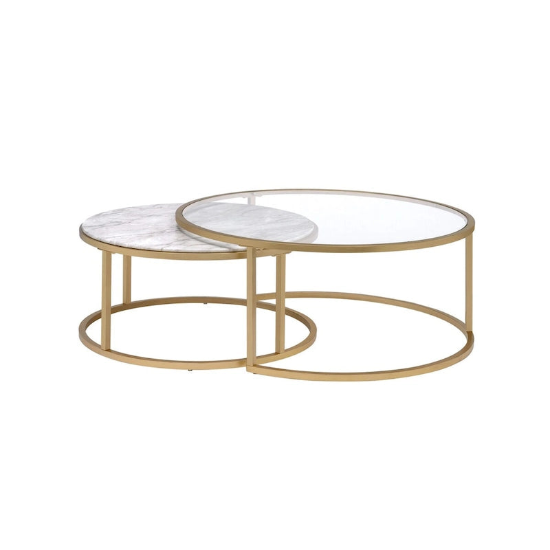 Metal Framed Nesting Coffee Tables with Glass and Marble Tops, Set of Two, Gold - 15.75 H x 36 W x 36 L Inches