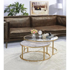 Metal Framed Nesting Coffee Tables with Glass and Marble Tops, Set of Two, Gold - 15.75 H x 36 W x 36 L Inches