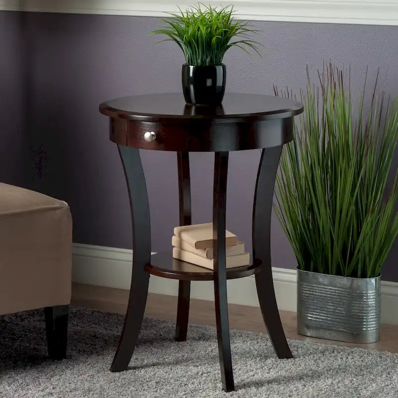 Sasha Round Accent Table, Cappuccino - 20W x 20D x 27H.