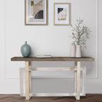 59 Inch Artisan Crafted Farmhouse Console Table with Geometric Interlocked Base, Rustic Light Brown
