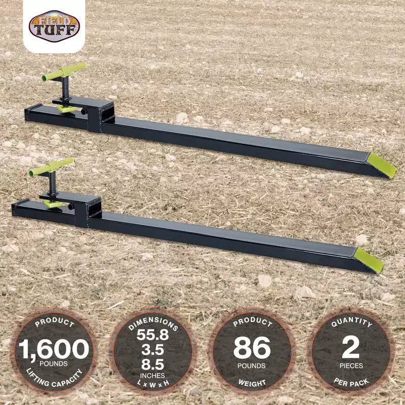 Field Tuff Steel Tractor Bucket Forks, 1,600 Pound Capacity, Heavy Duty Skid Loader Attachments for Pallet Lifting, 2 Pack, Black/Green