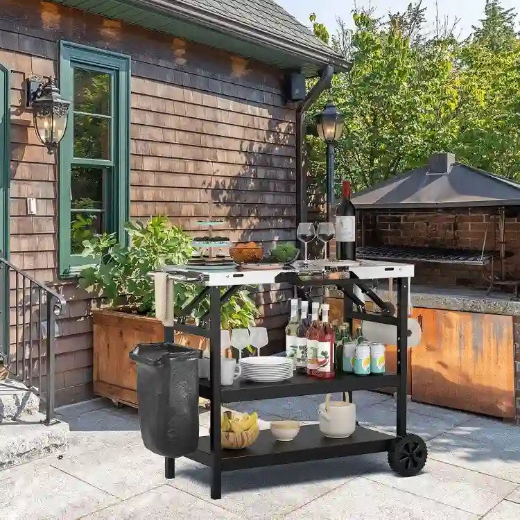 3 Tiers Foldable Outdoor Cart on 2 Wheels with Phone Holder-Black - 42 x 20.5 x 33 (L x W x H)
