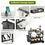 3 Tiers Foldable Outdoor Cart on 2 Wheels with Phone Holder-Black - 42 x 20.5 x 33 (L x W x H)
