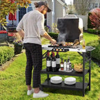 3 Tiers Foldable Outdoor Cart on 2 Wheels with Phone Holder-Black - 42 x 20.5 x 33 (L x W x H)