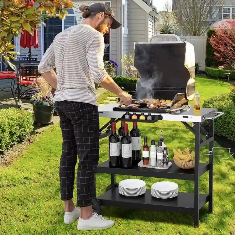 3 Tiers Foldable Outdoor Cart on 2 Wheels with Phone Holder-Black - 42 x 20.5 x 33 (L x W x H)