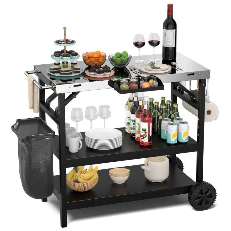 3 Tiers Foldable Outdoor Cart on 2 Wheels with Phone Holder-Black - 42 x 20.5 x 33 (L x W x H)