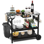3 Tiers Foldable Outdoor Cart on 2 Wheels with Phone Holder-Black - 42 x 20.5 x 33 (L x W x H)