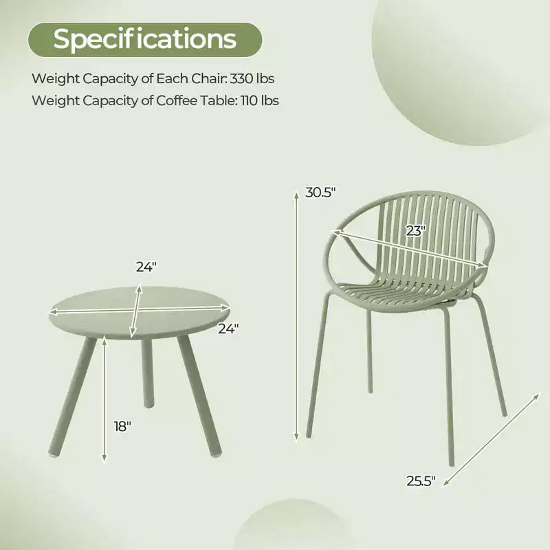 Costway 3 Pieces Bistro Set All Weather PP Patio Conversation Set with Round Coffee table Gray/Green