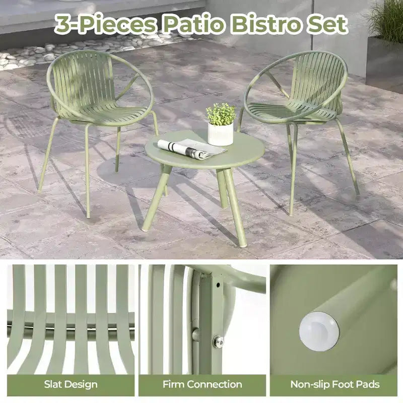 Costway 3 Pieces Bistro Set All Weather PP Patio Conversation Set with Round Coffee table Gray/Green