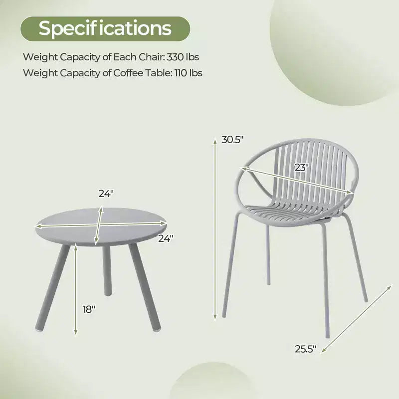 Costway 3 Pieces Bistro Set All Weather PP Patio Conversation Set with Round Coffee table Gray/Green
