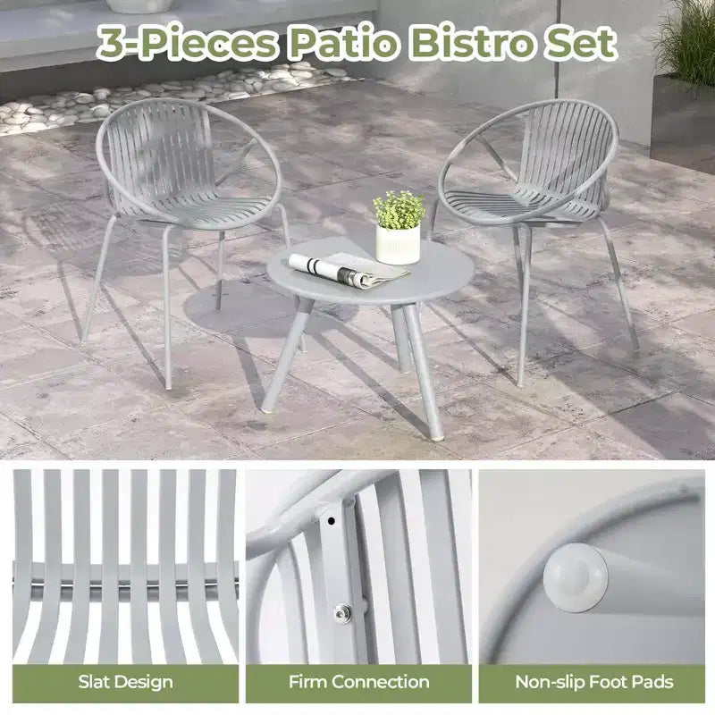 Costway 3 Pieces Bistro Set All Weather PP Patio Conversation Set with Round Coffee table Gray/Green