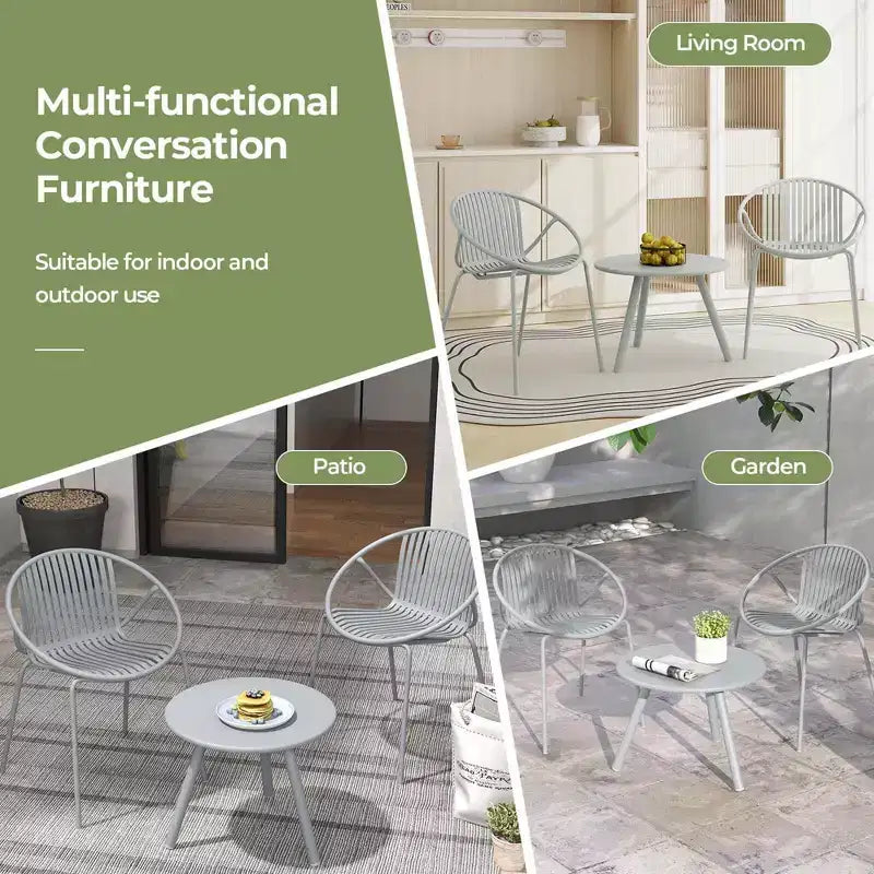 Costway 3 Pieces Bistro Set All Weather PP Patio Conversation Set with Round Coffee table Gray/Green