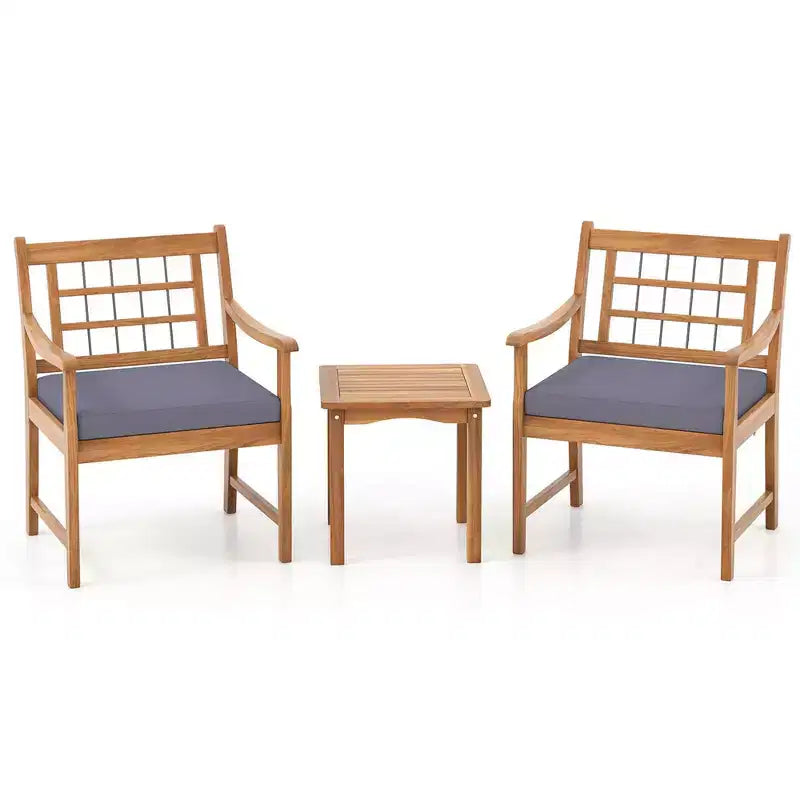 Costway 3 Pieces Acacia Wood Patio Bistro Set Outdoor Conversation Set with Cushions Off White/Gray/Navy