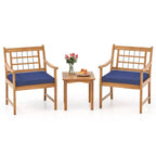 Costway 3 Pieces Acacia Wood Patio Bistro Set Outdoor Conversation Set with Cushions Off White/Gray/Navy