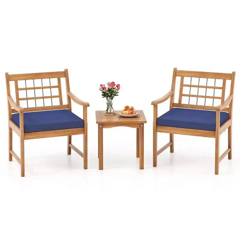 Costway 3 Pieces Acacia Wood Patio Bistro Set Outdoor Conversation Set with Cushions Off White/Gray/Navy