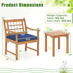 Costway 3 Pieces Acacia Wood Patio Bistro Set Outdoor Conversation Set with Cushions Off White/Gray/Navy