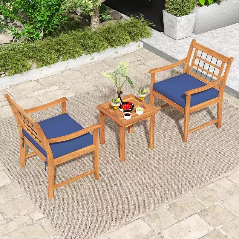 Costway 3 Pieces Acacia Wood Patio Bistro Set Outdoor Conversation Set with Cushions Off White/Gray/Navy