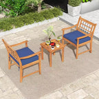 Costway 3 Pieces Acacia Wood Patio Bistro Set Outdoor Conversation Set with Cushions Off White/Gray/Navy