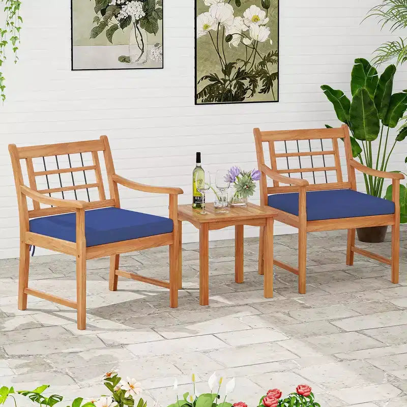 Costway 3 Pieces Acacia Wood Patio Bistro Set Outdoor Conversation Set with Cushions Off White/Gray/Navy