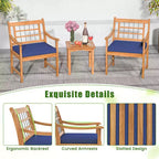 Costway 3 Pieces Acacia Wood Patio Bistro Set Outdoor Conversation Set with Cushions Off White/Gray/Navy