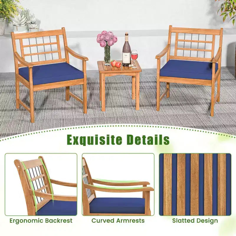 Costway 3 Pieces Acacia Wood Patio Bistro Set Outdoor Conversation Set with Cushions Off White/Gray/Navy
