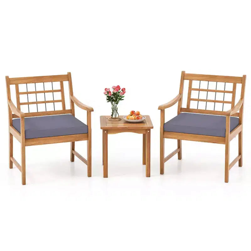 Costway 3 Pieces Acacia Wood Patio Bistro Set Outdoor Conversation Set with Cushions Off White/Gray/Navy