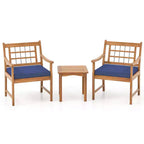 Costway 3 Pieces Acacia Wood Patio Bistro Set Outdoor Conversation Set with Cushions Off White/Gray/Navy