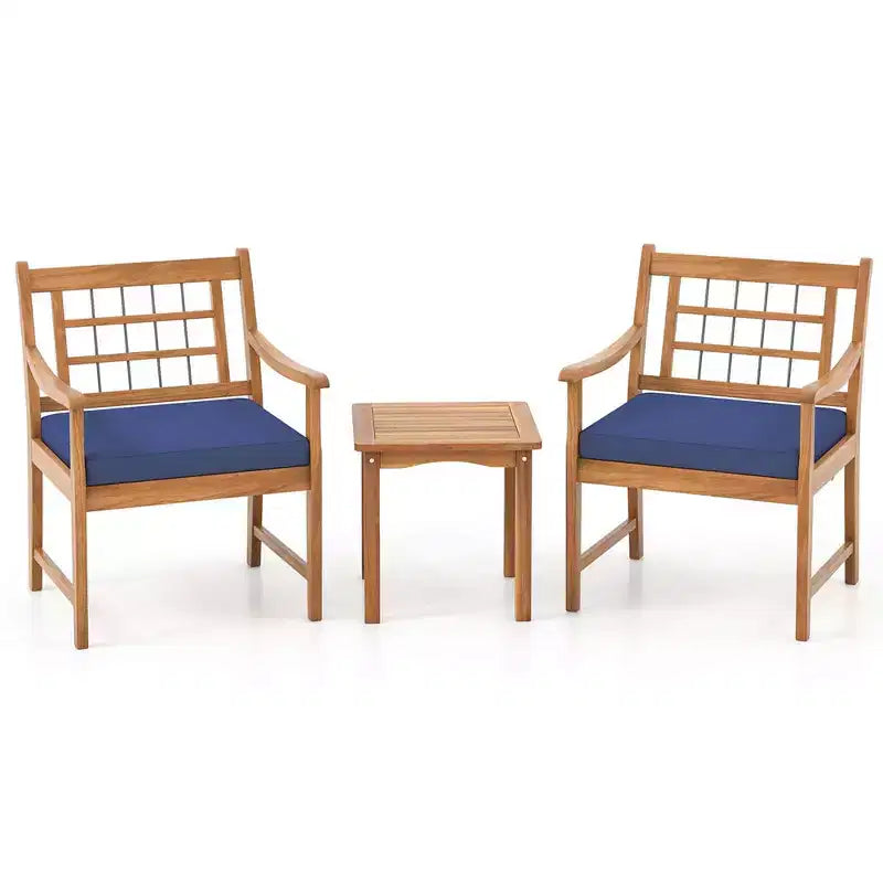 Costway 3 Pieces Acacia Wood Patio Bistro Set Outdoor Conversation Set with Cushions Off White/Gray/Navy
