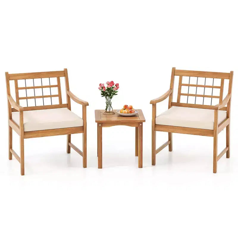 Costway 3 Pieces Acacia Wood Patio Bistro Set Outdoor Conversation Set with Cushions Off White/Gray/Navy