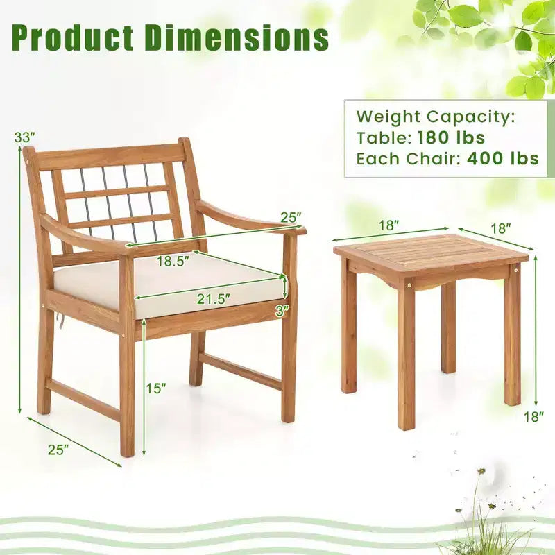 Costway 3 Pieces Acacia Wood Patio Bistro Set Outdoor Conversation Set with Cushions Off White/Gray/Navy