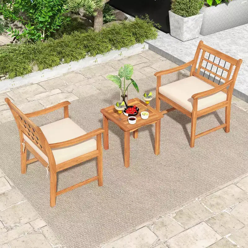 Costway 3 Pieces Acacia Wood Patio Bistro Set Outdoor Conversation Set with Cushions Off White/Gray/Navy