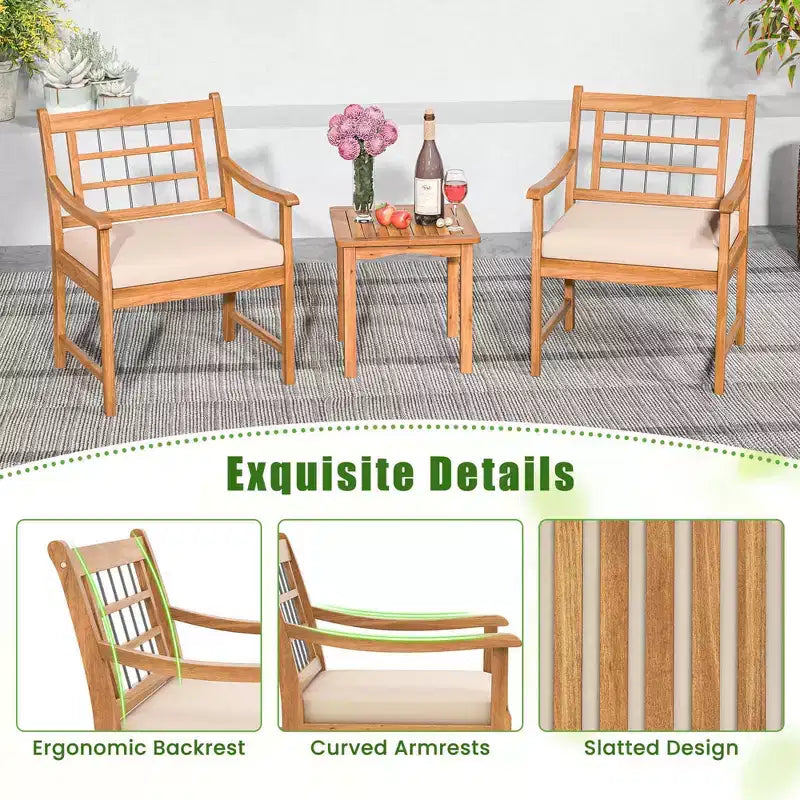 Costway 3 Pieces Acacia Wood Patio Bistro Set Outdoor Conversation Set with Cushions Off White/Gray/Navy