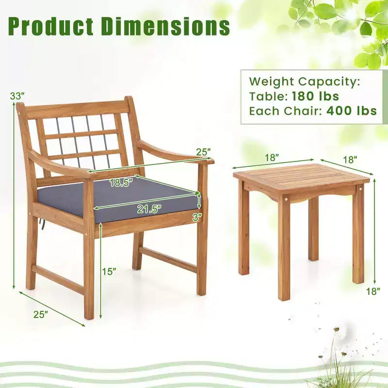 Costway 3 Pieces Acacia Wood Patio Bistro Set Outdoor Conversation Set with Cushions Off White/Gray/Navy
