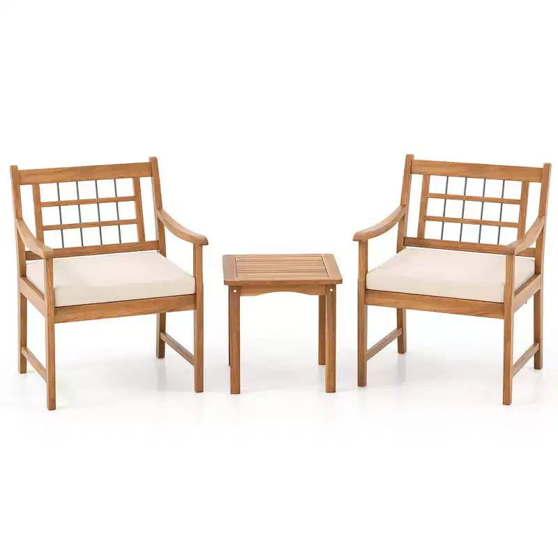 Costway 3 Pieces Acacia Wood Patio Bistro Set Outdoor Conversation Set with Cushions Off White/Gray/Navy