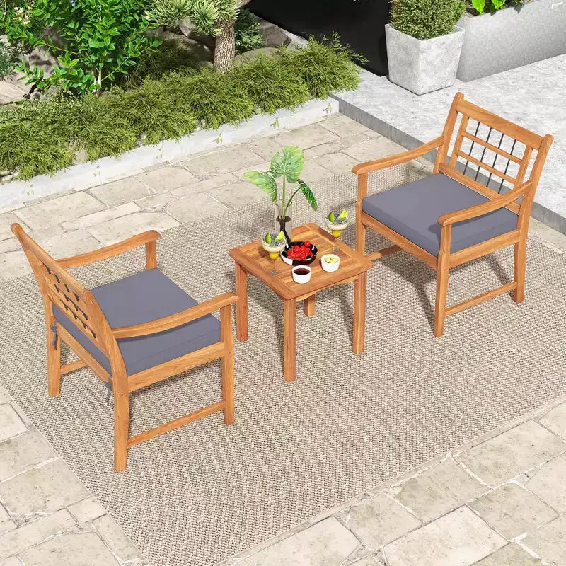 Costway 3 Pieces Acacia Wood Patio Bistro Set Outdoor Conversation Set with Cushions Off White/Gray/Navy