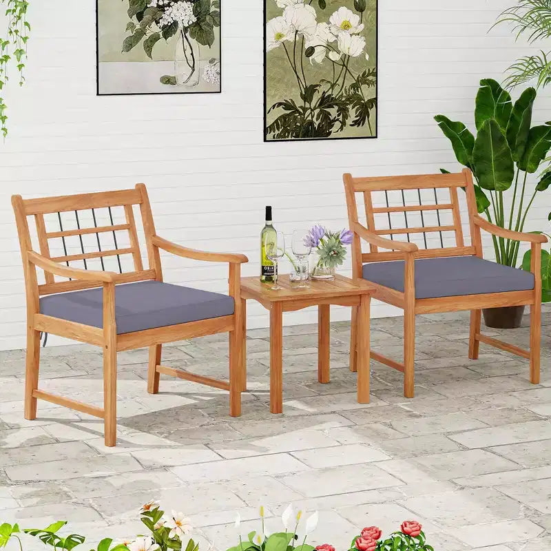 Costway 3 Pieces Acacia Wood Patio Bistro Set Outdoor Conversation Set with Cushions Off White/Gray/Navy