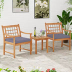Costway 3 Pieces Acacia Wood Patio Bistro Set Outdoor Conversation Set with Cushions Off White/Gray/Navy