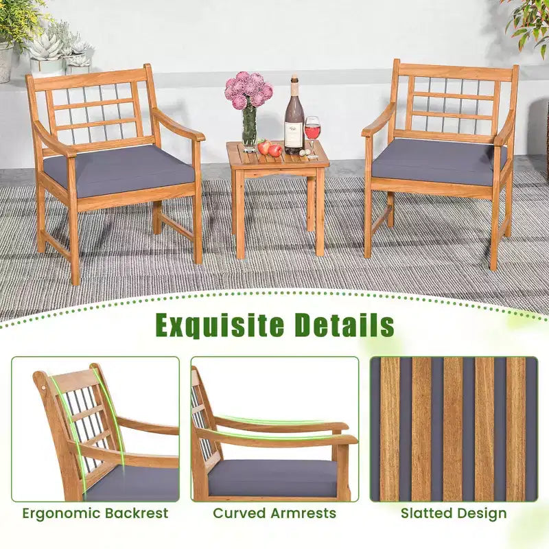 Costway 3 Pieces Acacia Wood Patio Bistro Set Outdoor Conversation Set with Cushions Off White/Gray/Navy
