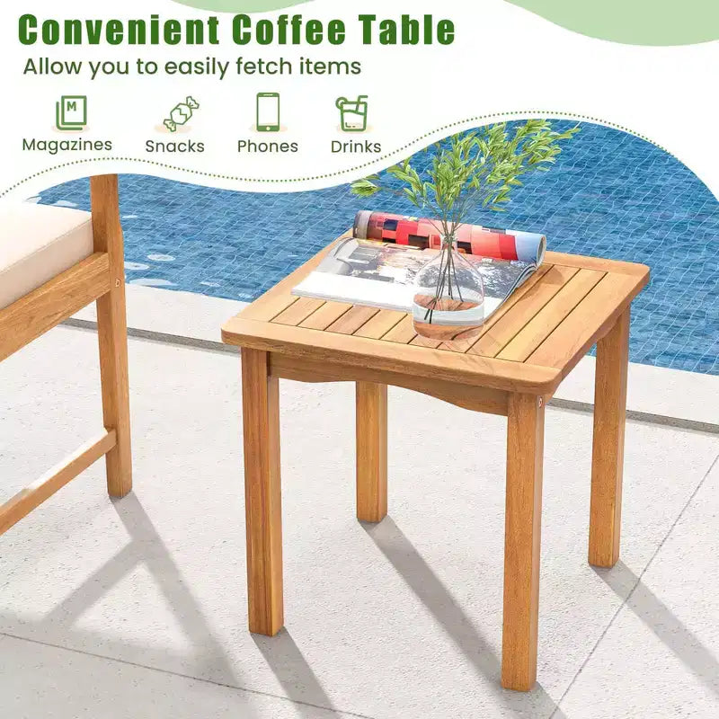 Costway 3 Pieces Acacia Wood Patio Bistro Set Outdoor Conversation Set with Cushions Off White/Gray/Navy