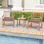 Costway 3 Pieces Acacia Wood Patio Bistro Set Outdoor Conversation Set with Cushions Off White/Gray/Navy