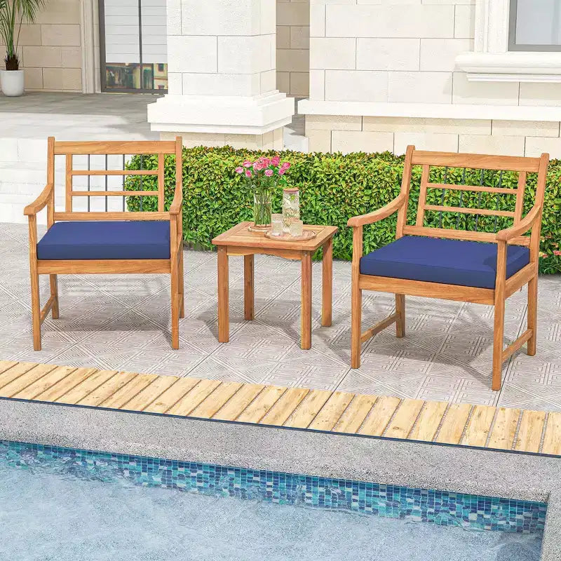 Costway 3 Pieces Acacia Wood Patio Bistro Set Outdoor Conversation Set with Cushions Off White/Gray/Navy